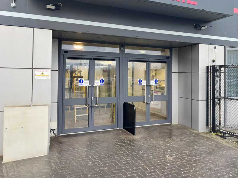 Aluminium automatic swing door installation at Toyota